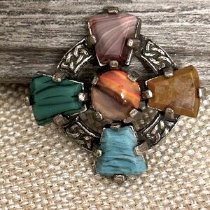 Vintage Jasper Agate Gemstone Celtic Cross Brooch
